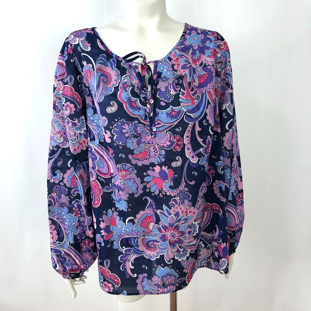 Talbots Plus 1X Paisley Smock Popover Pullover Button Top Blouse Blue MINT